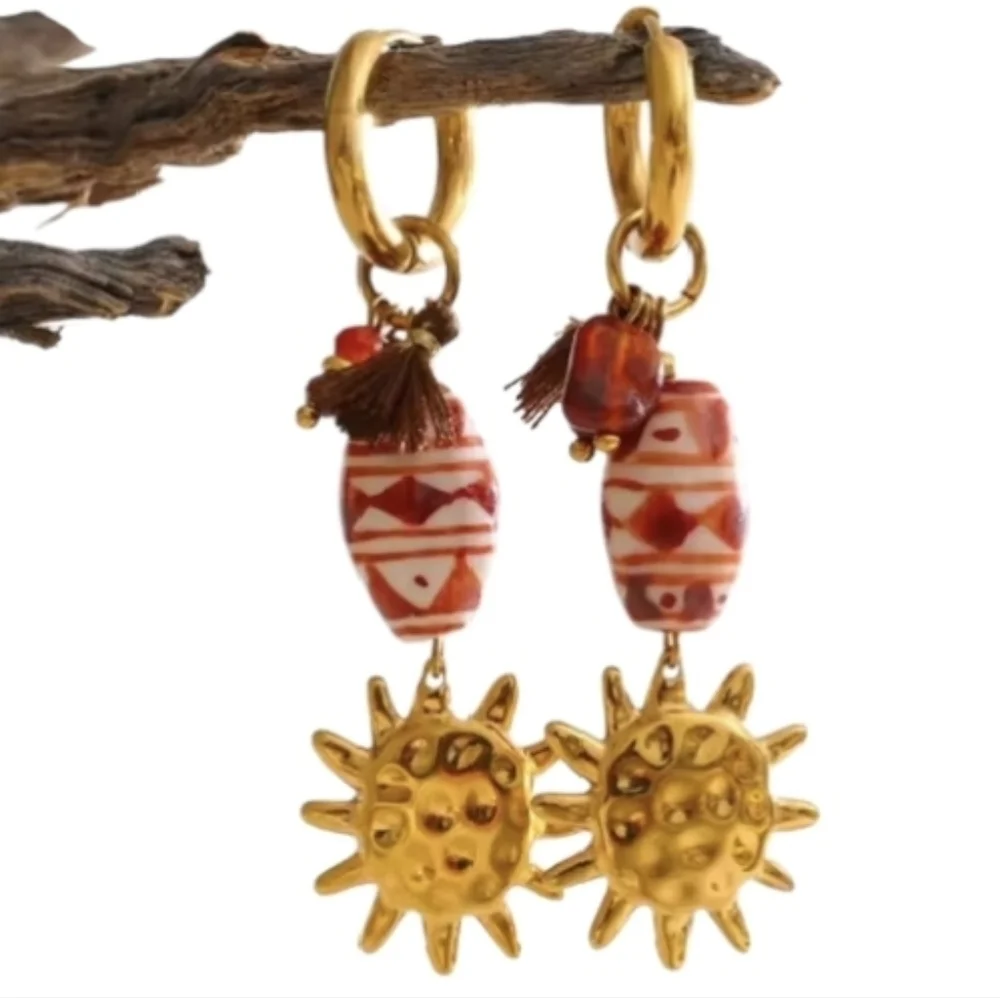 Sun Charm Huggie Hoop Earrings With Ceramic Beads | NWOT